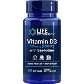 Life Extension, Vitamine D3 125mcg 5000 IU , Dépôt, Une Capsule tous les 5 Jours, avec Iode de Mer, 60 Capsules, Testé en La