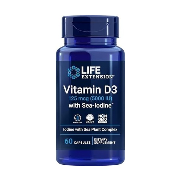 Life Extension, Vitamine D3 125mcg 5000 IU , Dépôt, Une Capsule tous les 5 Jours, avec Iode de Mer, 60 Capsules, Testé en La