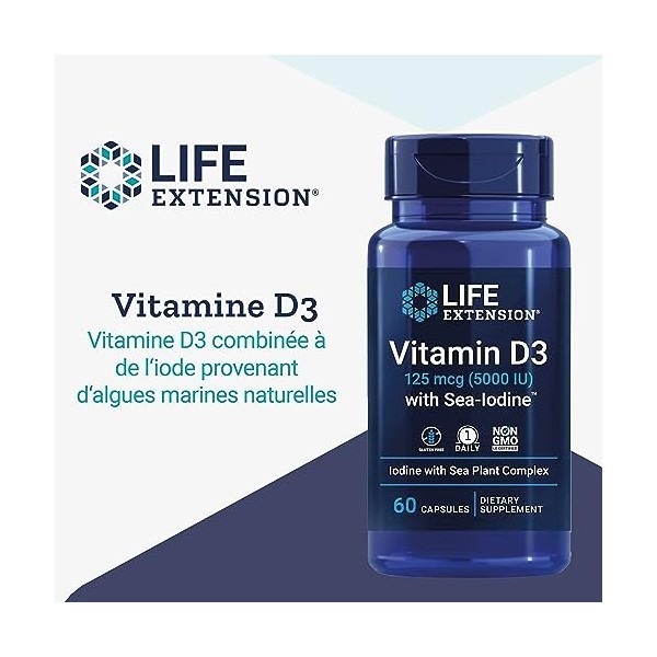 Life Extension, Vitamine D3 125mcg 5000 IU , Dépôt, Une Capsule tous les 5 Jours, avec Iode de Mer, 60 Capsules, Testé en La