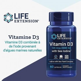 Life Extension, Vitamine D3 125mcg 5000 IU , Dépôt, Une Capsule tous les 5 Jours, avec Iode de Mer, 60 Capsules, Testé en La