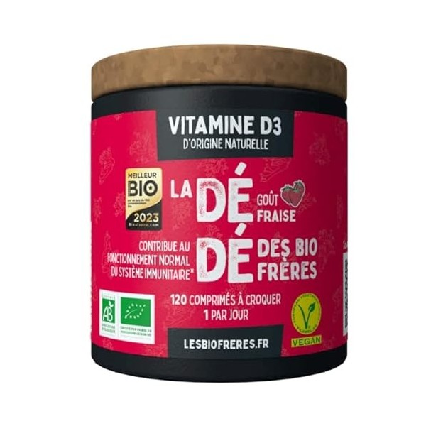 Les Bio Frères – Vitamine D3 d’origine naturelle – Lichen bio – 120 comprimés à croquer – Cure de 4 mois – Goût Fraise bio – 