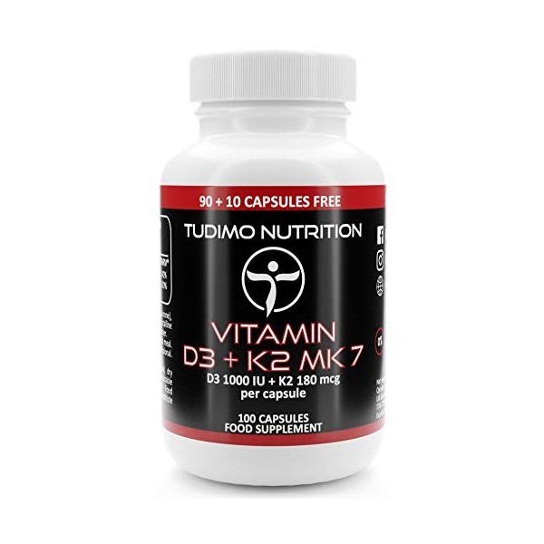 Vitamine D3 K2 MK7 1000 IU / 180 mcq - 100 Capsules 3+ mois à Désintégration Rapide avec Vit K comme la Menaquinone et Vit 