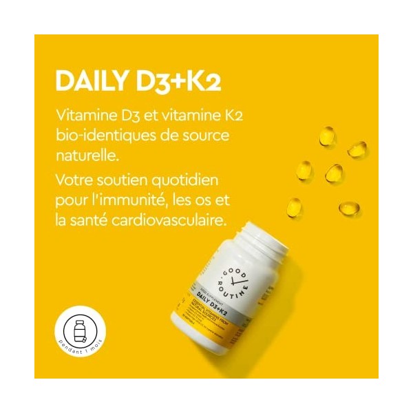 DAILY D3+K2 30 Gélules Molles - Soutien de Limmunité, des os et du cœur, Vitamine D3, MK7 Vitamine K2 de Source Naturell