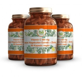 Vitamin C 1000 mg 90 Kapseln aus Hagebutten Extrakt + Zink vegan