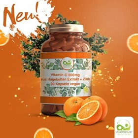 Vitamin C 1000 mg 90 Kapseln aus Hagebutten Extrakt + Zink vegan