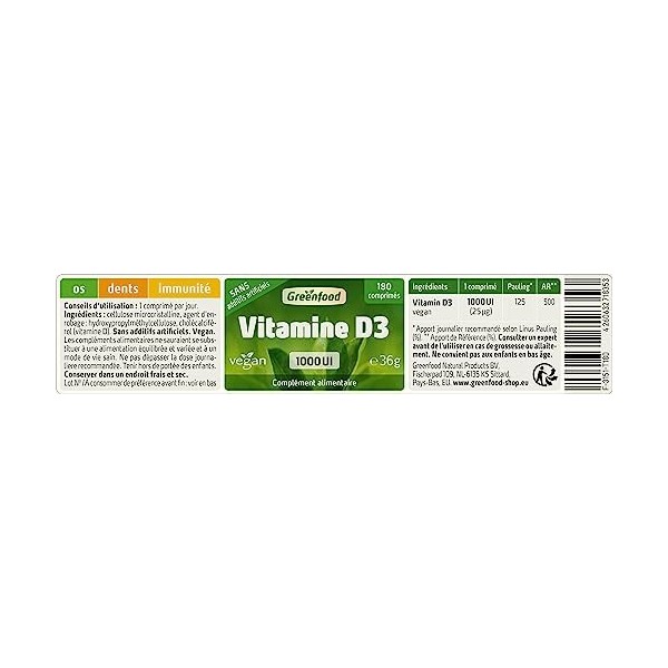 Greenfood Vitamine D3, 1000 UI, dose élevée, 180 comprimés, vegan - dérivés de lichens. Pour au maintien dune dentition norm