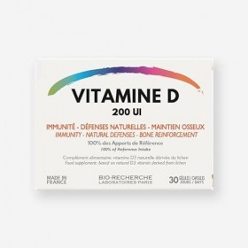VITAMINE D • 200 UI • Complément Alimentaire Vitamine D dérivée du Lichen • Cure 1 mois / 30 gélules 1/j • Fabriqué en Fran