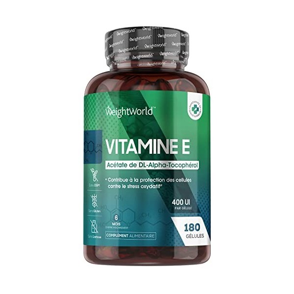 Vitamine E 400 UI 180 Gélules 6 Mois - Vitamine E Gélule Hautement Biodisponible - Antioxydant Puissant DL Alpha Tocophérol