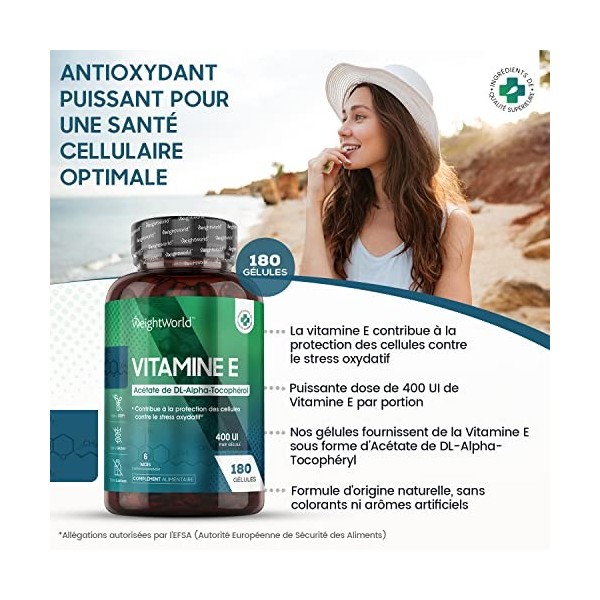 Vitamine E 400 UI 180 Gélules 6 Mois - Vitamine E Gélule Hautement Biodisponible - Antioxydant Puissant DL Alpha Tocophérol