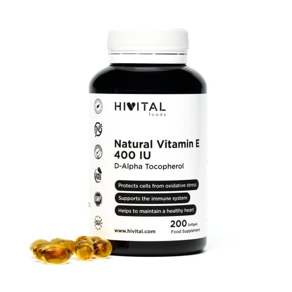 Vitamine E Naturelle 400 UI D-Alpha Tocophérol | 200 capsules plus de 6 mois de traitement | Protège vos cellules des dom