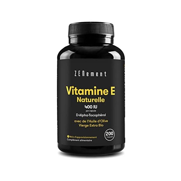 Vitamine E Naturelle 400 UI D-Alpha-Tocophérol , 200 Capsules plus de 6 mois de traitement , Avec de lHuile dOlive Vierge