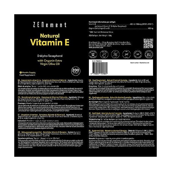 Vitamine E Naturelle 400 UI D-Alpha-Tocophérol , 200 Capsules plus de 6 mois de traitement , Avec de lHuile dOlive Vierge