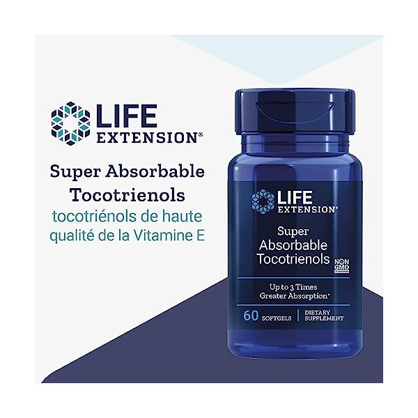 Life Extension, Tocotriénols Super Absorbables, Vitamine E et Tocotriénols, 60 Capsules molles, Testé en Laboratoire, Sans Gl