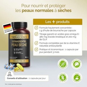 DERMASSENTIEL PEAU SÈCHE| Nourrit et protège la peau | Cure 3 mois | 1 g Huile de bourrache |Titrage garanti en oméga 6 |Vita
