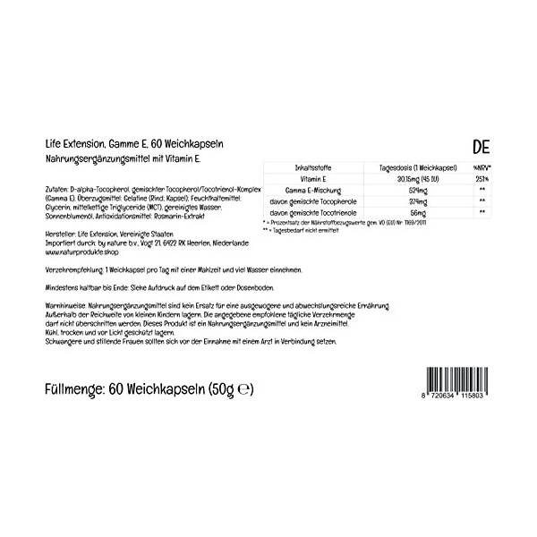 Life Extension, Gamma E, Tocophérols et Tocotriénols Mélangés, 10mg, 60 Capsules molles, Testé en Laboratoire, Sans Gluten, S