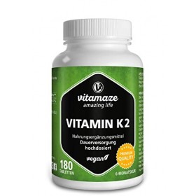 Vitamine K2 MK-7 à Fort Dosage, 200 mcg Ménaquinone pour 6 Mois - 180 Comprimés Vegan - Qualité Allemande, Complément Aliment
