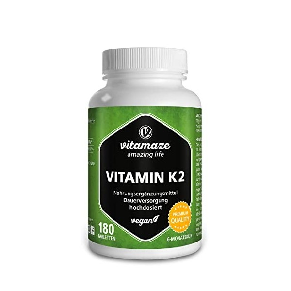 Vitamine K2 MK-7 à Fort Dosage, 200 mcg Ménaquinone pour 6 Mois - 180 Comprimés Vegan - Qualité Allemande, Complément Aliment