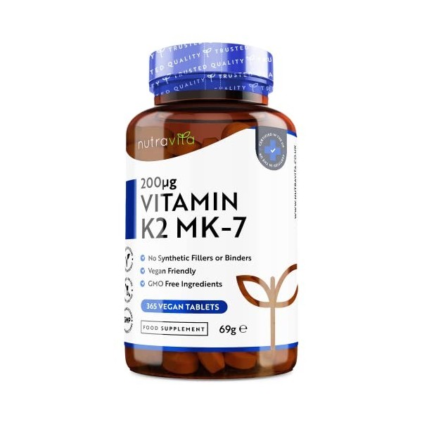 Vitamine K2 MK-7 200mcg - 365 micro-comprimés végétaliens pas de gélules - Contribue au maintien dune ossature normale - M