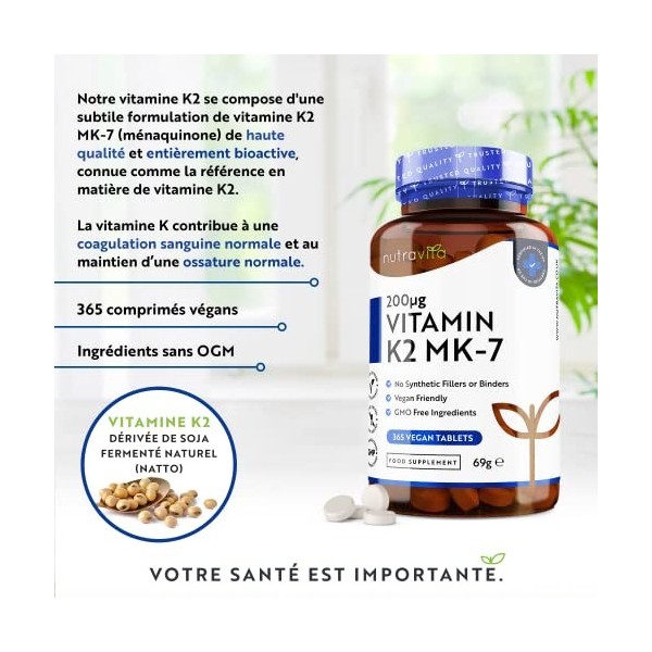 Vitamine K2 MK-7 200mcg - 365 micro-comprimés végétaliens pas de gélules - Contribue au maintien dune ossature normale - M