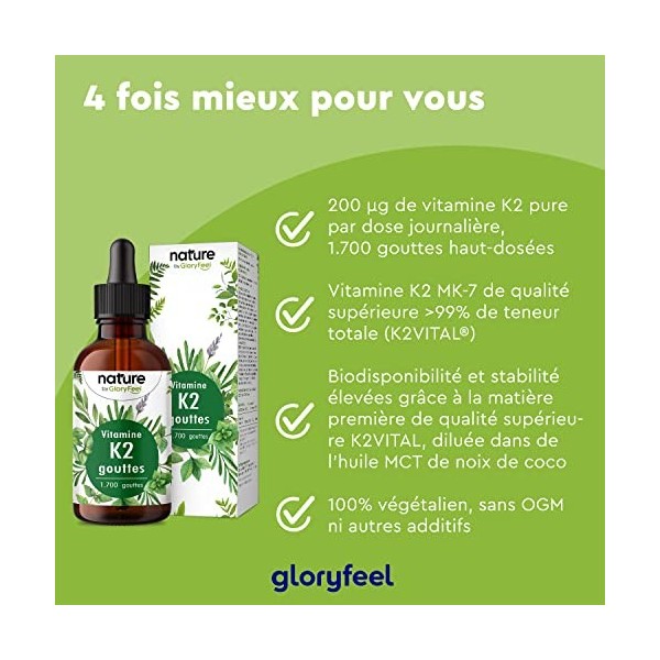 Vitamine K2 MK-7 200µg, 1700 Gouttes, 50ml Premium 99,7+% Teneur All-Trans K2VITAL® de Kappa - Naturellement fermenté sans 