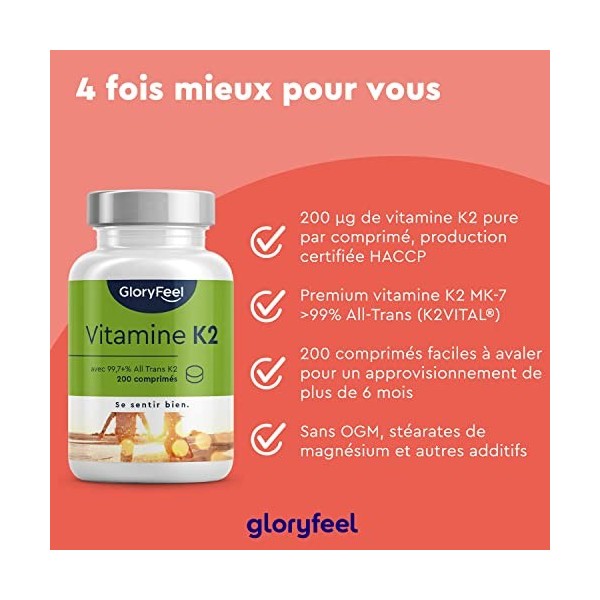 Vitamine K2 MK7, 200 Comprimés, 200µg par Comprimé Hautement Dosé, Premium Menaquinone 99.7+% All Trans MK7 K2VITAL® by Kapp