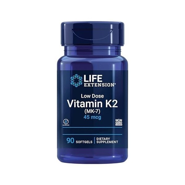 Life Extension, Low Dose Vitamine K2, avec Trans-MK-7, 45mcg, 90 Capsules molles, Testé en Laboratoire, Sans Gluten, Sans Soj