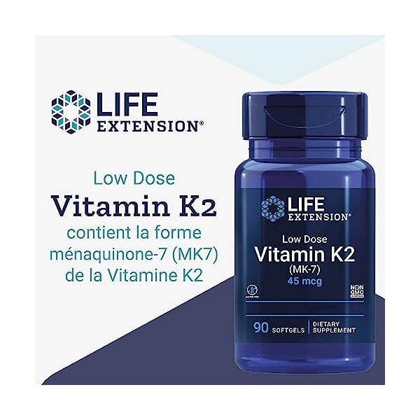 Life Extension, Low Dose Vitamine K2, avec Trans-MK-7, 45mcg, 90 Capsules molles, Testé en Laboratoire, Sans Gluten, Sans Soj