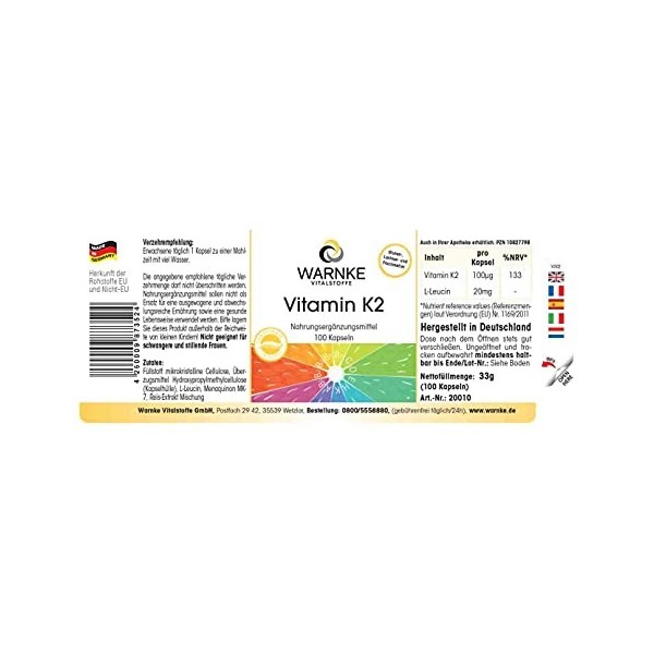 Vitamine K2 100mcg, ménaquinone naturelle, MK-7, végétarien - 100 gélules | Warnke Vitalstoffe