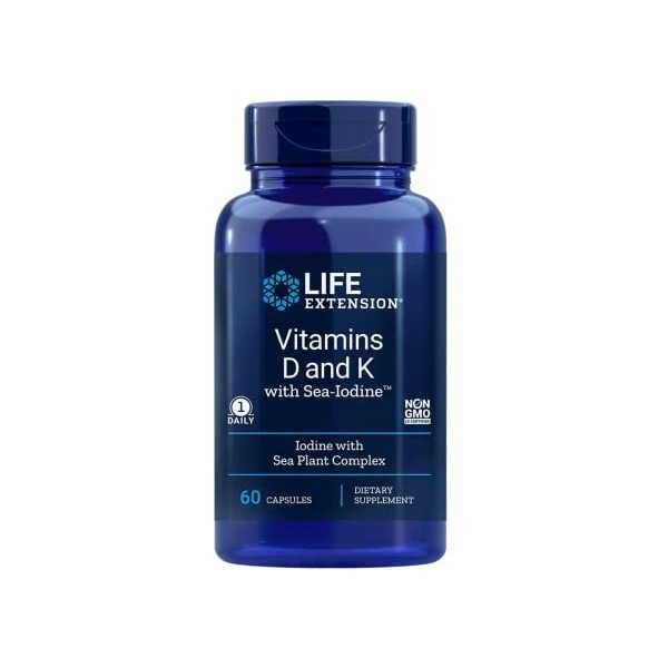 Life Extension, Vitamines D3 et K2, avec Iode de Mer, Dépôt, 1 Capsule tous les 5 Jours, 60 Capsules, Testé en Laboratoire, S