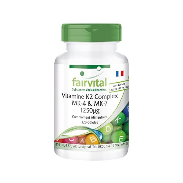 Fairvital | Vitamine K2 Complexe - avec 1.000mcg MK4 + 250mcg MK7 - fortement dosé - 120 gélules - vegan