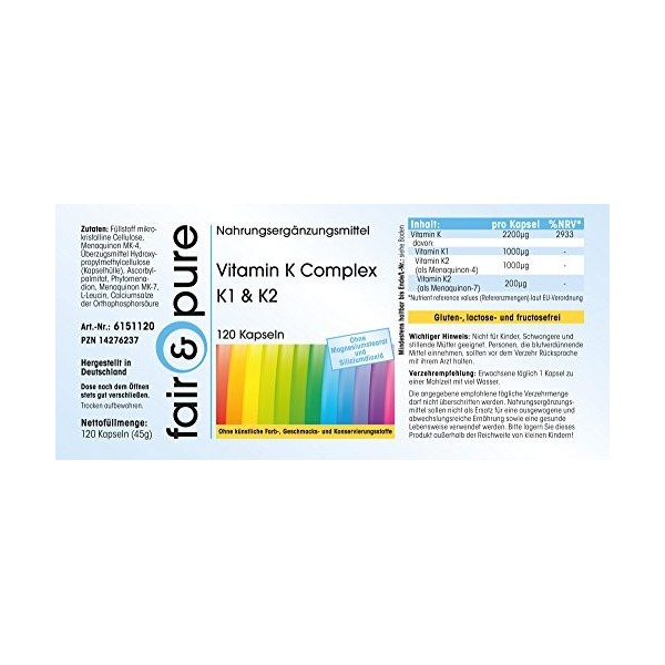 Fair & Pure® - Vitamine K Complexe K1 & K2 - avec 2200μg de Vitamines K par gélule - 120 gélules véganes