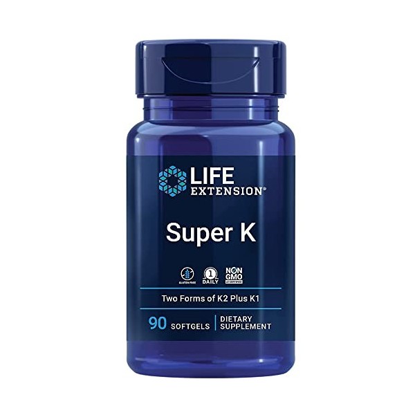 Life Extension, Super K, avec MK-7, Dépot, Hautement Dosé, 90 Capsules molles, Testé en Laboratoire, Sans Gluten, Sans Soja, 