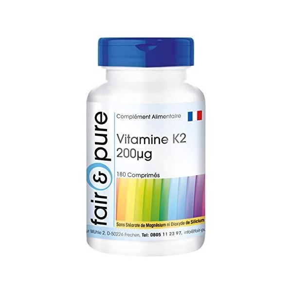 Fair & Pure® - Vitamine K2 200µg - ménaquinone naturelle MK-7 - végan - dosage élevé - tout trans MK7-180 comprimés