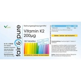 Fair & Pure® - Vitamine K2 200µg - ménaquinone naturelle MK-7 - végan - dosage élevé - tout trans MK7-180 comprimés