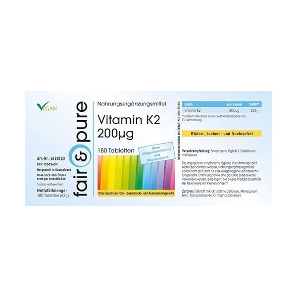 Fair & Pure® - Vitamine K2 200µg - ménaquinone naturelle MK-7 - végan - dosage élevé - tout trans MK7-180 comprimés