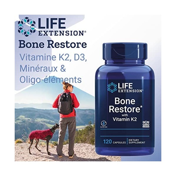 Life Extension, Bone Restore avec Vitamine K2, Vitamine D3 et Minéraux, 120 Capsules, Testé en Laboratoire, Sans Gluten, Sans