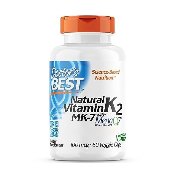 Doctors Best, Vitamine K2 Naturelle, MK-7 avec MenaQ7, 100mcg, 60 Capsules végétaliennes, Testé en Laboratoire, Sans Gluten,