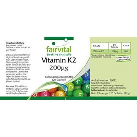 Fairvital | Vitamine K2 200mcg - Ménaquinone à base de soja fermenté - MK-7 - VEGAN - Hautement dosé - 120 comprimés - 4 mois