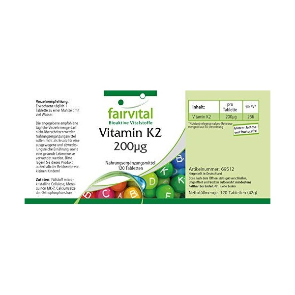 Fairvital | Vitamine K2 200mcg - Ménaquinone à base de soja fermenté - MK-7 - VEGAN - Hautement dosé - 120 comprimés - 4 mois