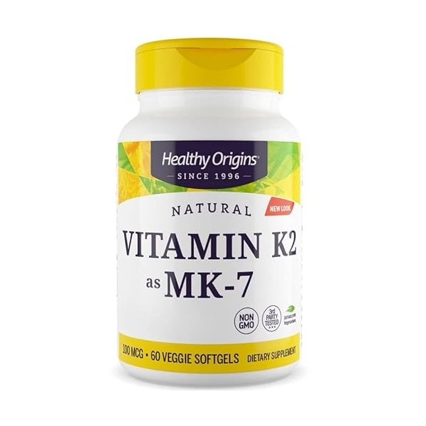 Healthy Origins, Vitamine K2 MK-7, 100mcg, à Base de Natto, 60 Capsules, Testé en Laboratoire, Sans Gluten, Sans Soja, Sans O