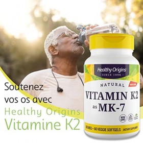 Healthy Origins, Vitamine K2 MK-7, 100mcg, à Base de Natto, 60 Capsules, Testé en Laboratoire, Sans Gluten, Sans Soja, Sans O