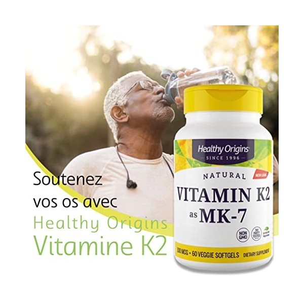 Healthy Origins, Vitamine K2 MK-7, 100mcg, à Base de Natto, 60 Capsules, Testé en Laboratoire, Sans Gluten, Sans Soja, Sans O