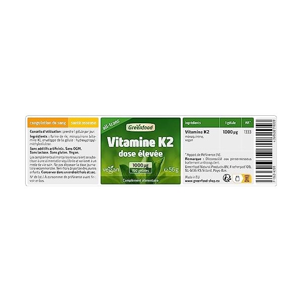 Greenfood Vitamine K2 MK7, all-trans , 1000 μg, dose élevée, 150 gélules – pour la santé des os et la coagulation du sang. S