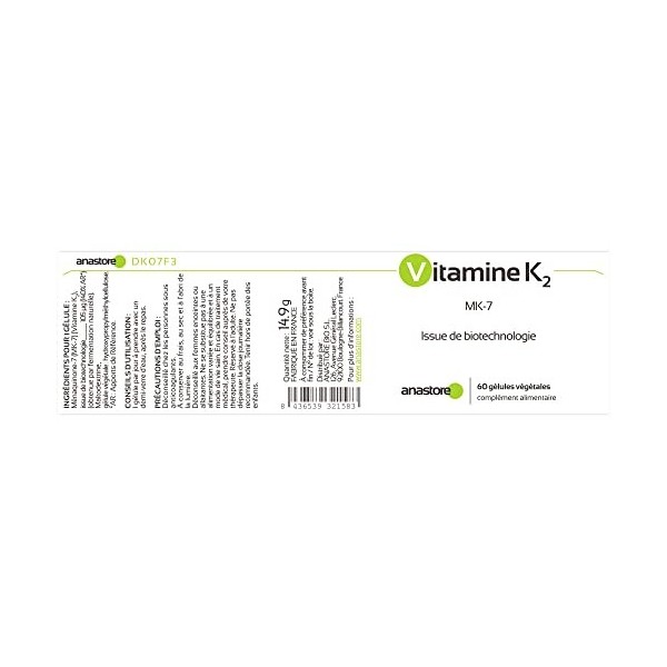 Vitamine K2 * 105 μg / 60 gélules * Obtenu par fermentation naturelle MK-7 * Articulations, cardiovasculaire, osseux *