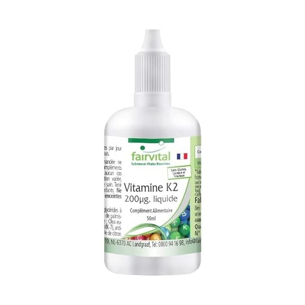 Fairvital | Vitamine K2 liquide 200 µg par 10 gouttes - 50ml pour 1/2 an - Fortement dosée - Ménaquinone naturelle MK-7 de Na