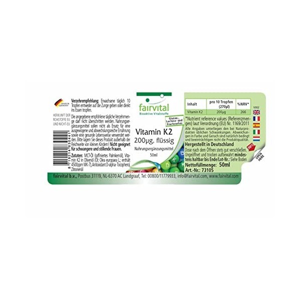 Fairvital | Vitamine K2 liquide 200 µg par 10 gouttes - 50ml pour 1/2 an - Fortement dosée - Ménaquinone naturelle MK-7 de Na