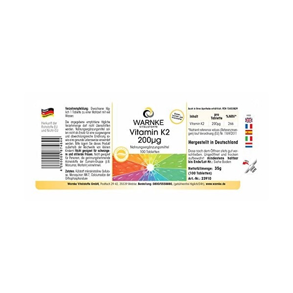 Vitamine K2 200g - 100 comprimés - Végan- Ménaquinone MK-7 | Warnke Vitalstoffe