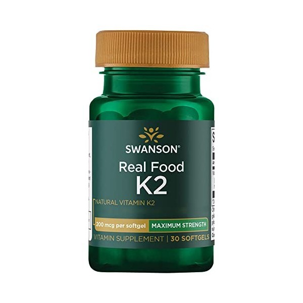 Swanson, Real Food K2 Menachinon MK-7 , 200mcg, 30 Capsules molles, Hautement Dosé, Testé en Laboratoire, Sans Soja, Sans Gl