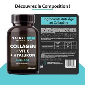 Nature Diet - Collagène avec acide hyaluronique et vitamine C, 180 comprimés, 500 mg | Anti-âge | Collagène hydrolysé