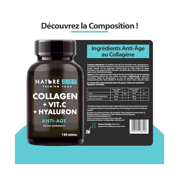 Nature Diet - Collagène avec acide hyaluronique et vitamine C, 180 comprimés, 500 mg | Anti-âge | Collagène hydrolysé